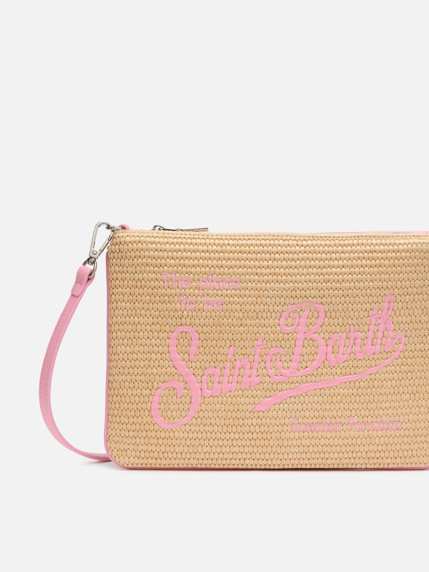 Pochette Parisienne effetto paglia con dettagli rosa