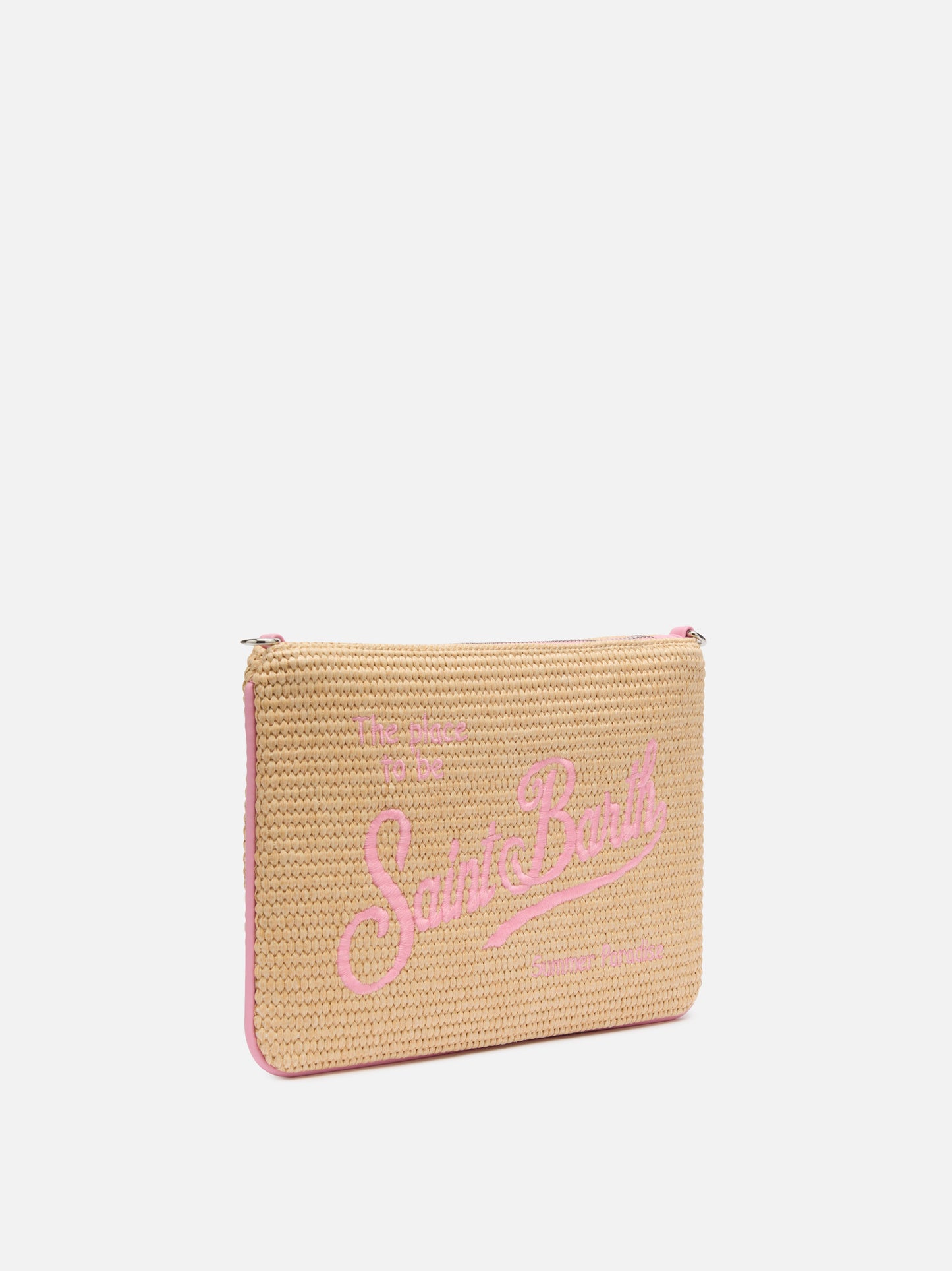 Pochette Parisienne effetto paglia con dettagli rosa