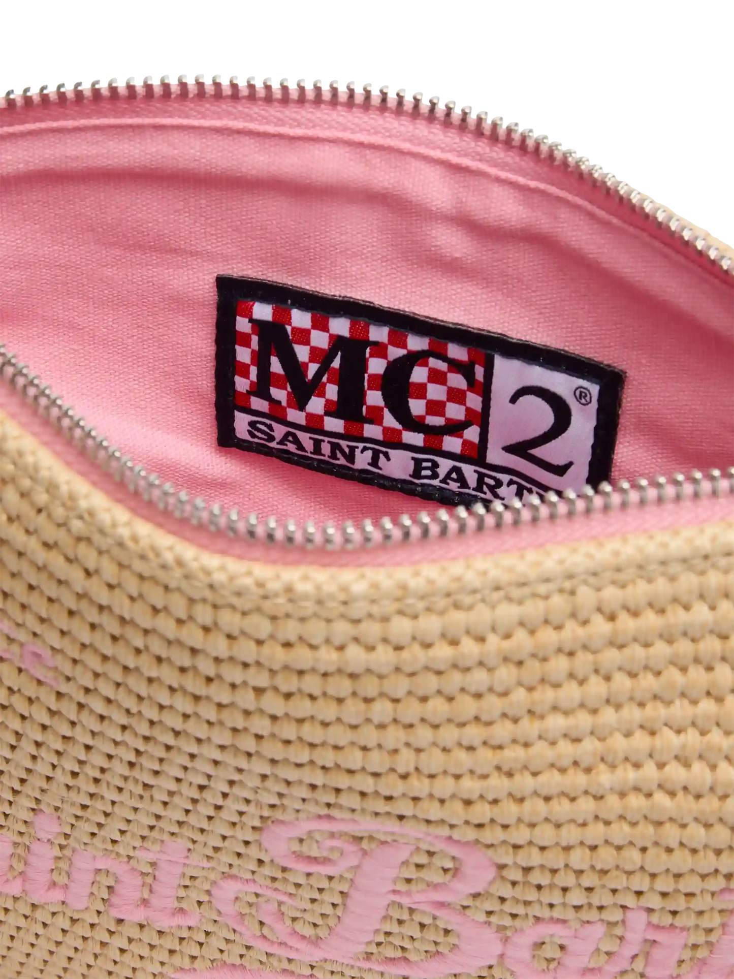 Pochette Parisienne effetto paglia con dettagli rosa