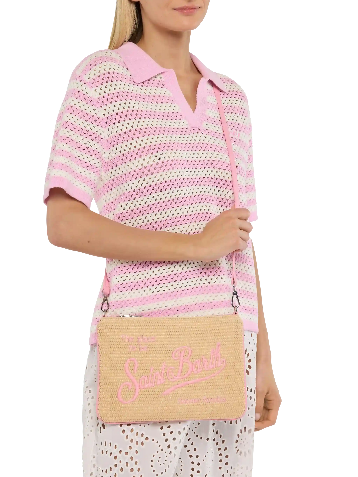 Pochette Parisienne effetto paglia con dettagli rosa