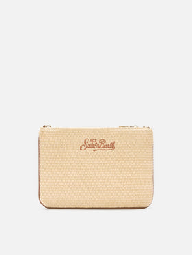 Parisienne solid color pouch with embroidered brown logo and removable strap