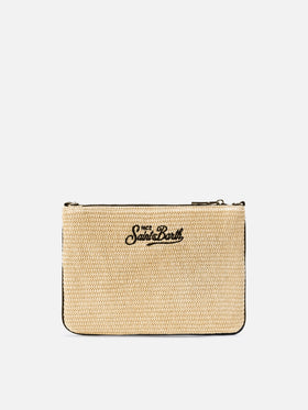 Parisienne solid color pouch with embroidered black logo and removable strap