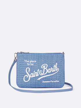 Parisienne straw effect in light blue pouch with embroidered logo and removable strap