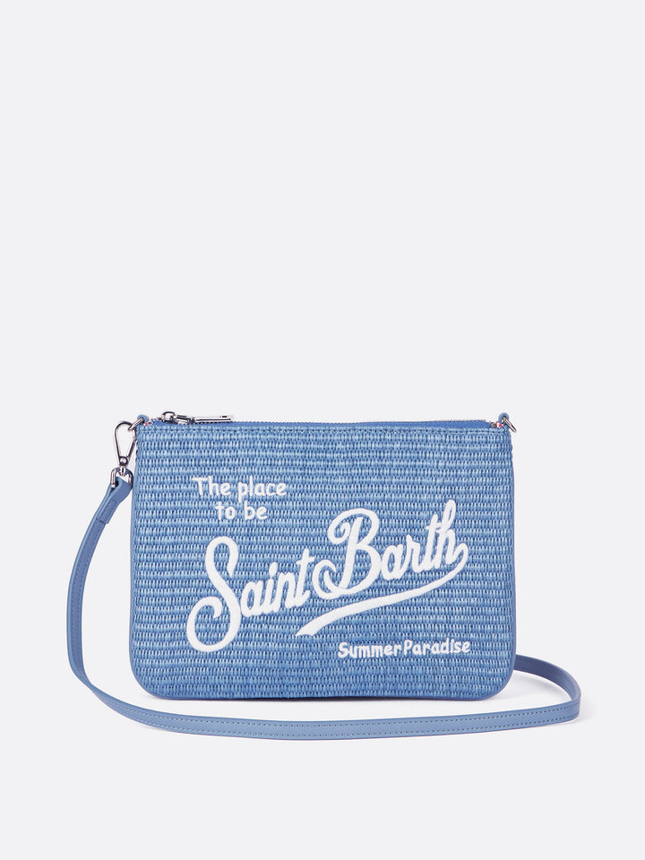 Parisienne straw effect in light blue pouch with embroidered logo and removable strap