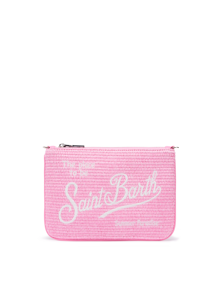 Parisienne straw effect pouch in pink with embroidered logo and removable strap