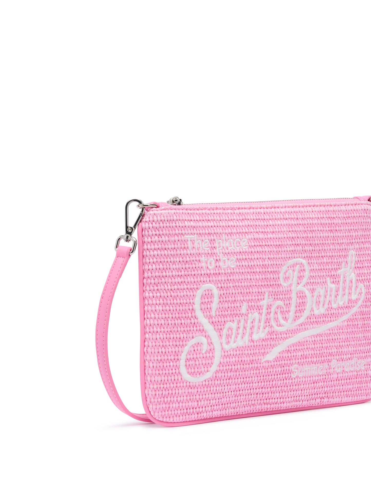 Parisienne efecto paja pouch en rosa con logo bordado y correa extraíble 