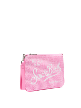 Parisienne efecto paja pouch en rosa con logo bordado y correa extraíble 