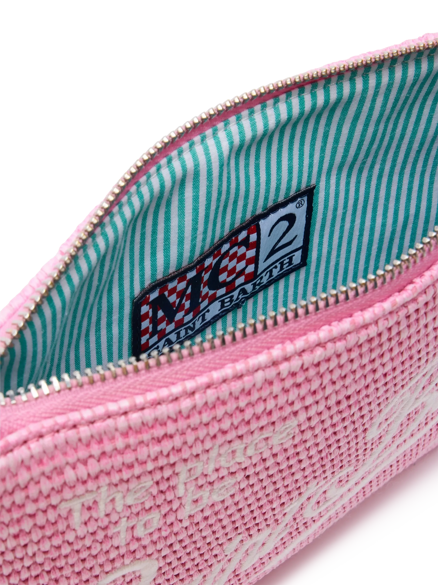 Parisienne efecto paja pouch en rosa con logo bordado y correa extraíble 