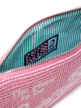 Parisienne efecto paja pouch en rosa con logo bordado y correa extraíble 