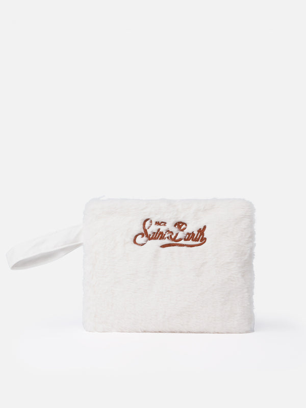 White furry pochette Pareasy with Saint Barth embroidery