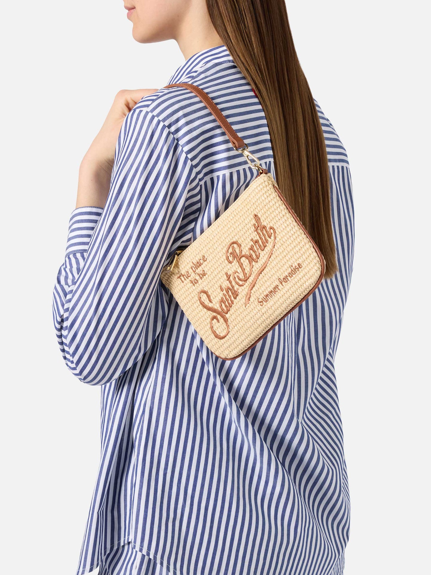 Mini Parisienne straw effect pouch with brown logo embroidery