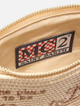 Mini Parisienne straw effect pouch with brown logo embroidery