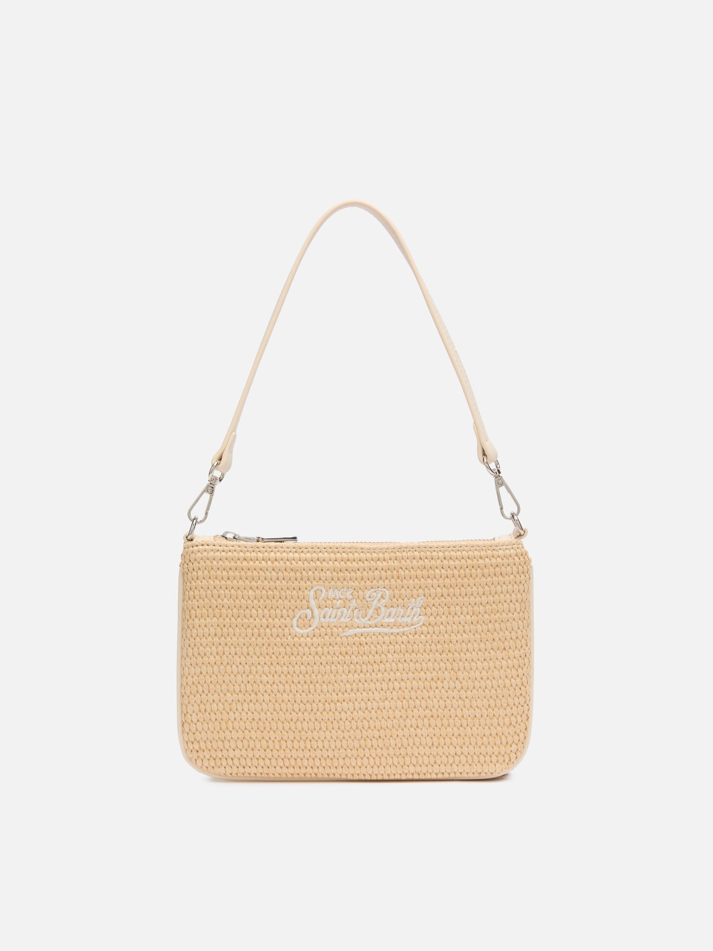 Beigefarbene Mini-Beuteltasche aus Parisienne-Stroh