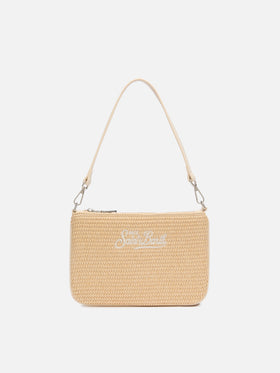 Beigefarbene Mini-Beuteltasche aus Parisienne-Stroh