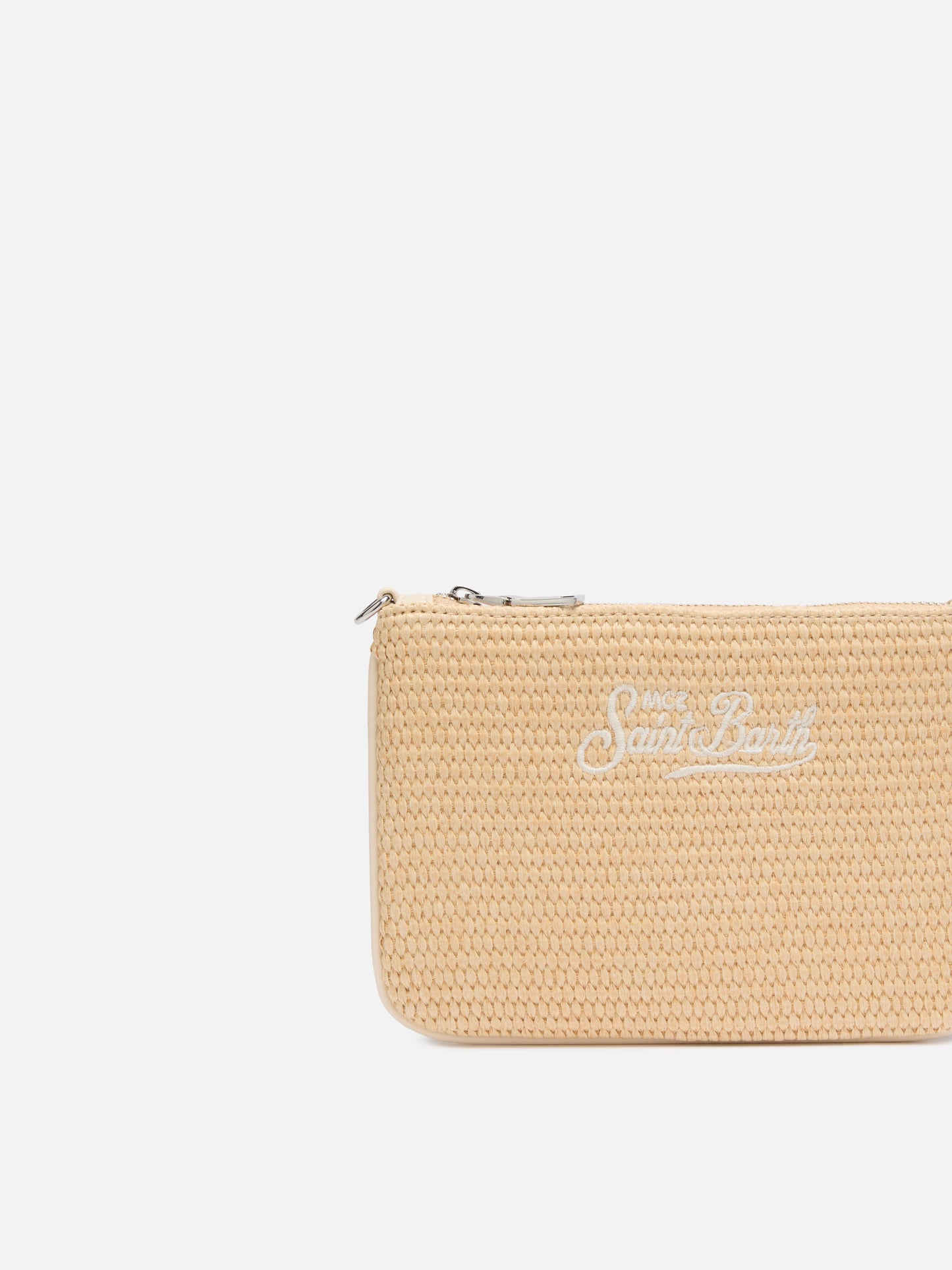 Beigefarbene Mini-Beuteltasche aus Parisienne-Stroh