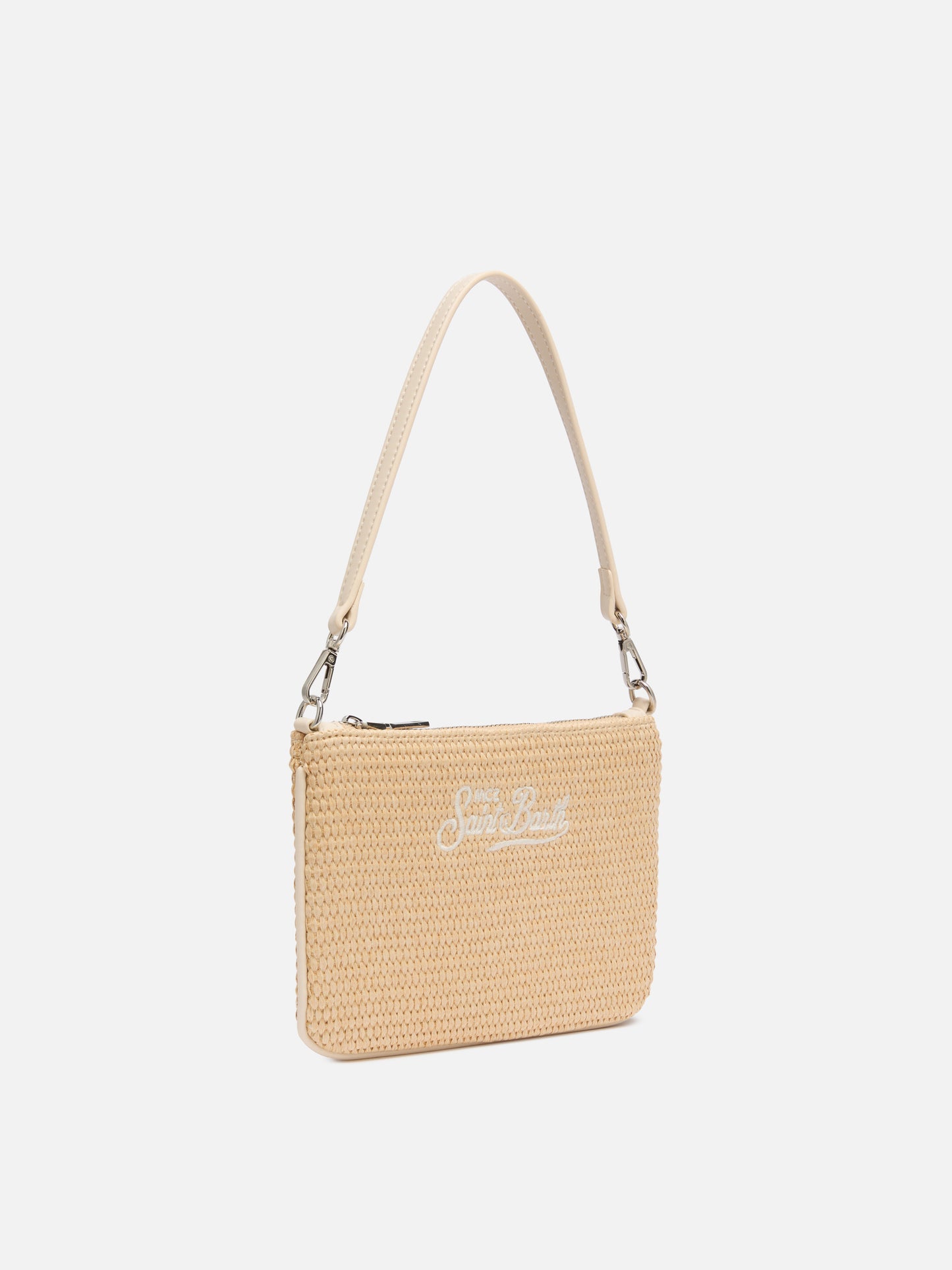 Beigefarbene Mini-Beuteltasche aus Parisienne-Stroh