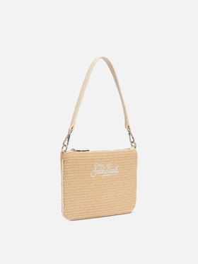 Beigefarbene Mini-Beuteltasche aus Parisienne-Stroh
