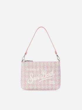Pink Mini Parisienne tweed shoulder bag with logo embroidery