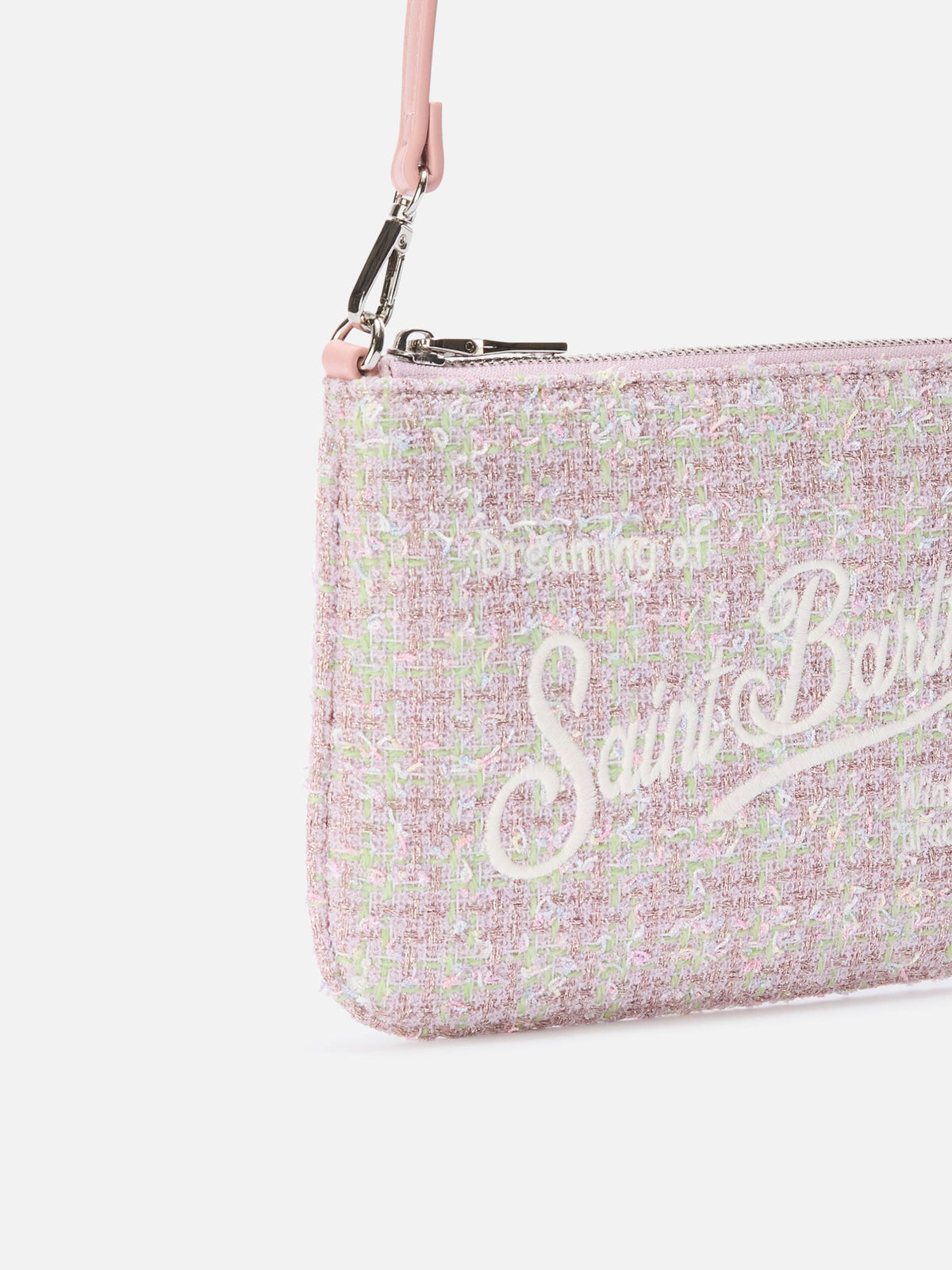 Pink Mini Parisienne tweed shoulder bag with logo embroidery