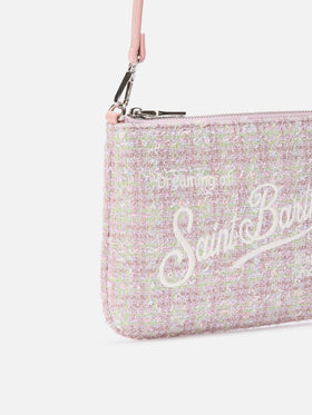 Pink Mini Parisienne tweed shoulder bag with logo embroidery