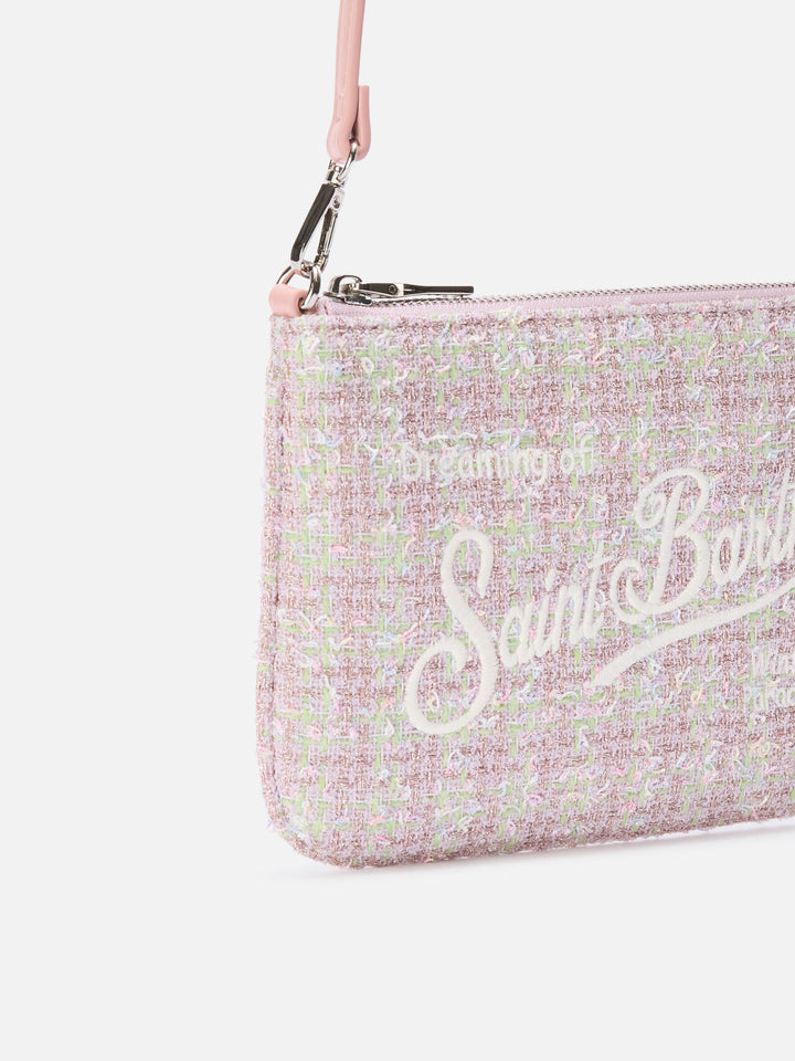 Borsa a spalla Mini Parisienne rosa in tweed con ricamo logo