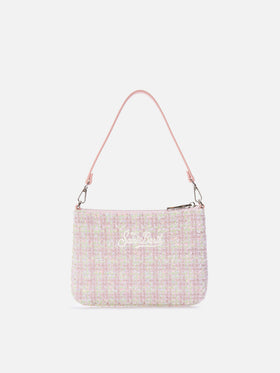 Pink Mini Parisienne tweed shoulder bag with logo embroidery