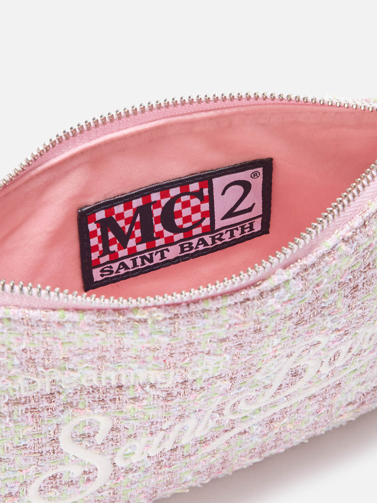 Pink Mini Parisienne tweed shoulder bag with logo embroidery