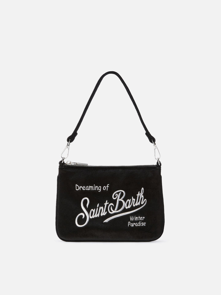 Mini sac porté épaule Parisienne noir en velours avec logo brodé 