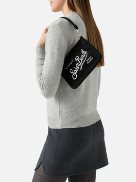 Black Mini Parisienne velvet shoulder bag with logo embroidery