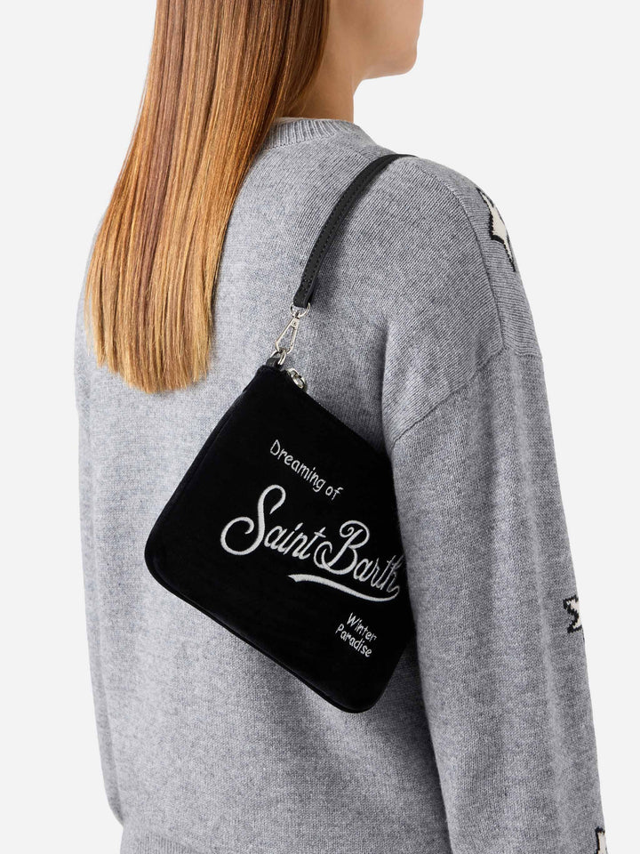 Black Mini Parisienne velvet shoulder bag with logo embroidery