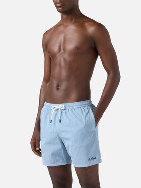 Patmos seersucker gingham swim shorts in blue and white