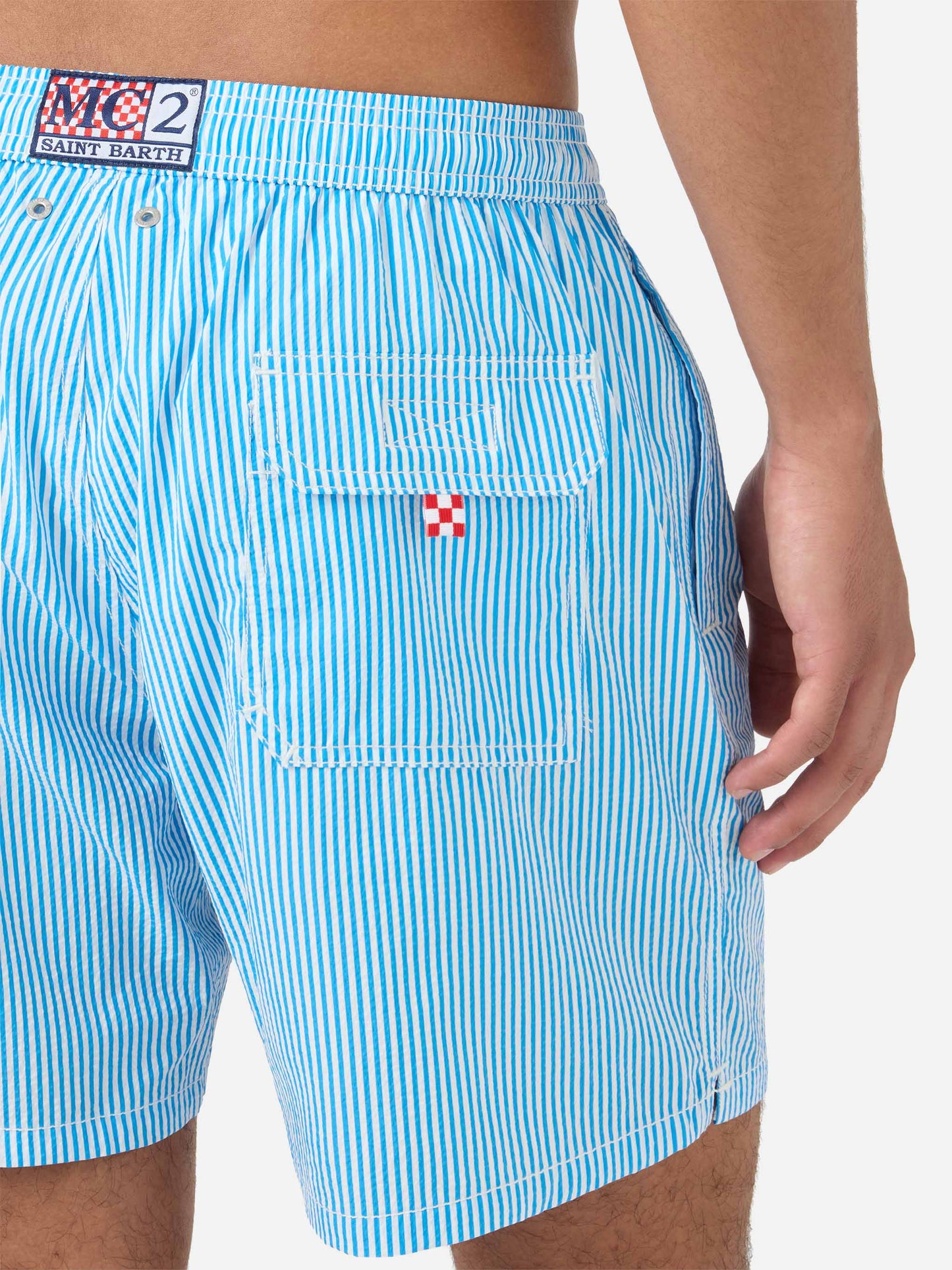 Patmos seersucker striped swim shorts in bluette and white