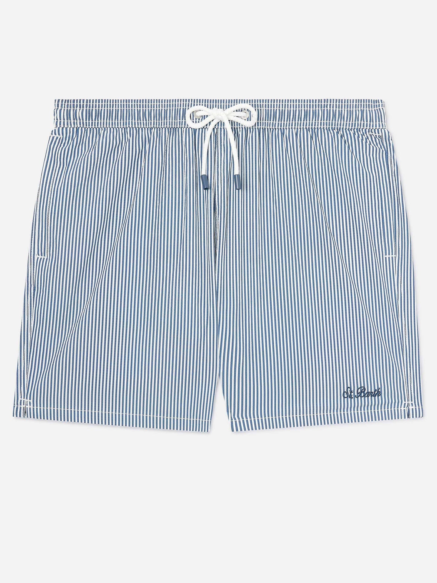 Short de bain Patmos en seersucker rayé bleu marine et blanc 