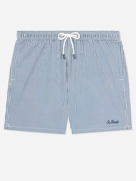 Short de bain Patmos en seersucker rayé bleu marine et blanc 