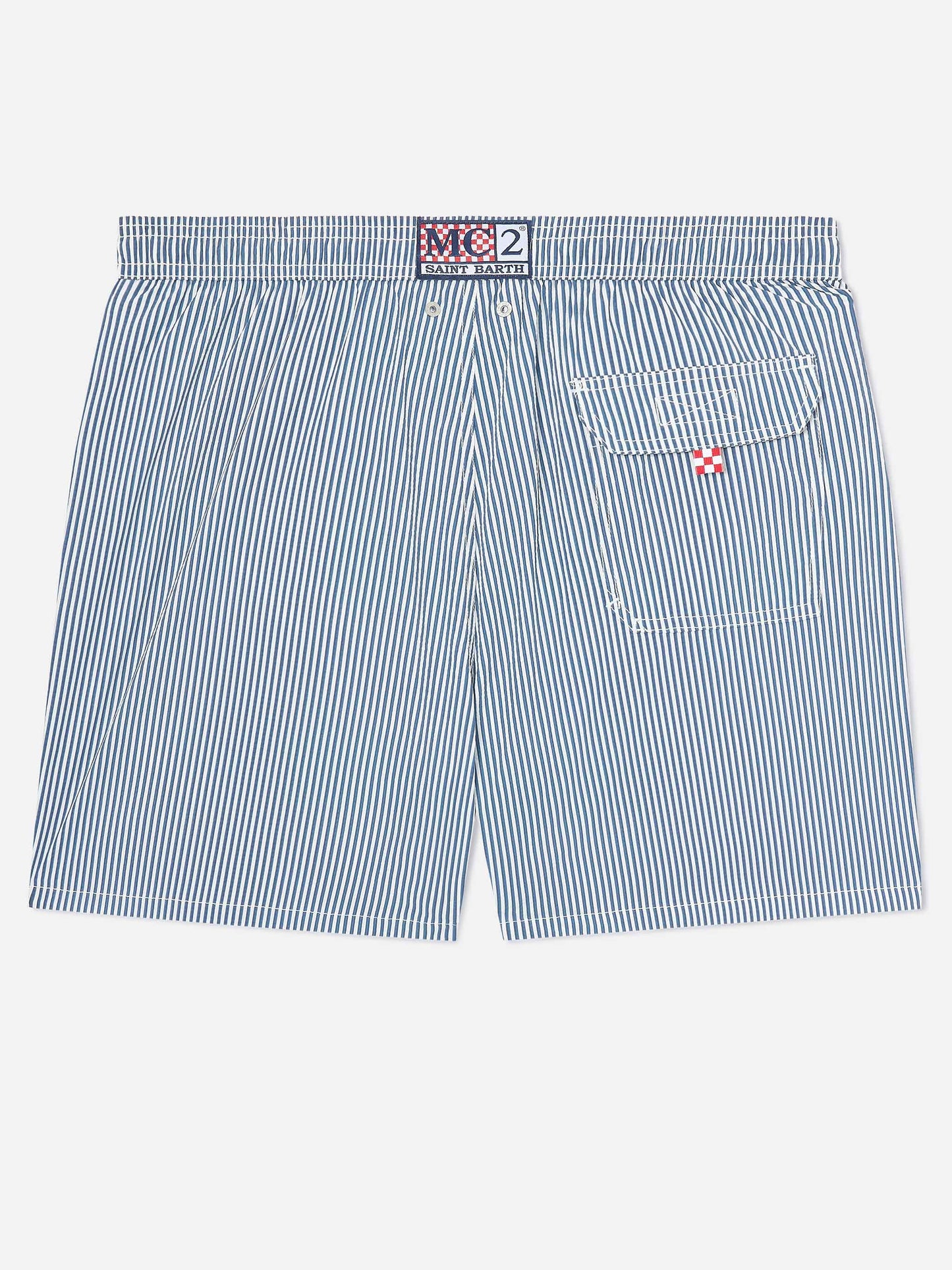Short de bain Patmos en seersucker rayé bleu marine et blanc 