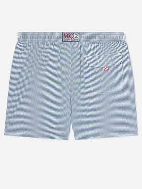 Short de bain Patmos en seersucker rayé bleu marine et blanc 