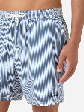 Short de bain Patmos en seersucker rayé bleu marine et blanc 