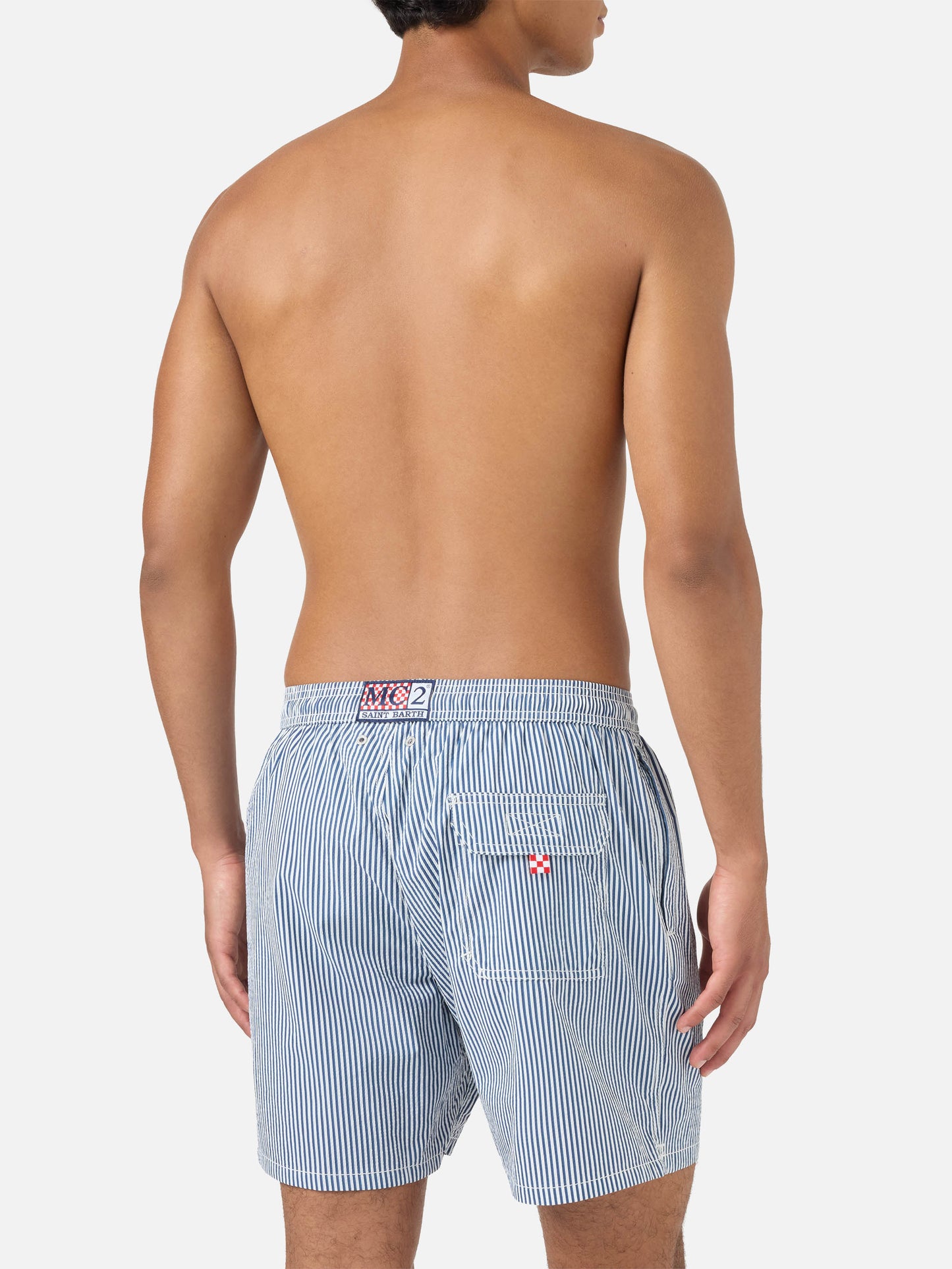 Short de bain Patmos en seersucker rayé bleu marine et blanc 