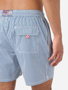Short de bain Patmos en seersucker rayé bleu marine et blanc 