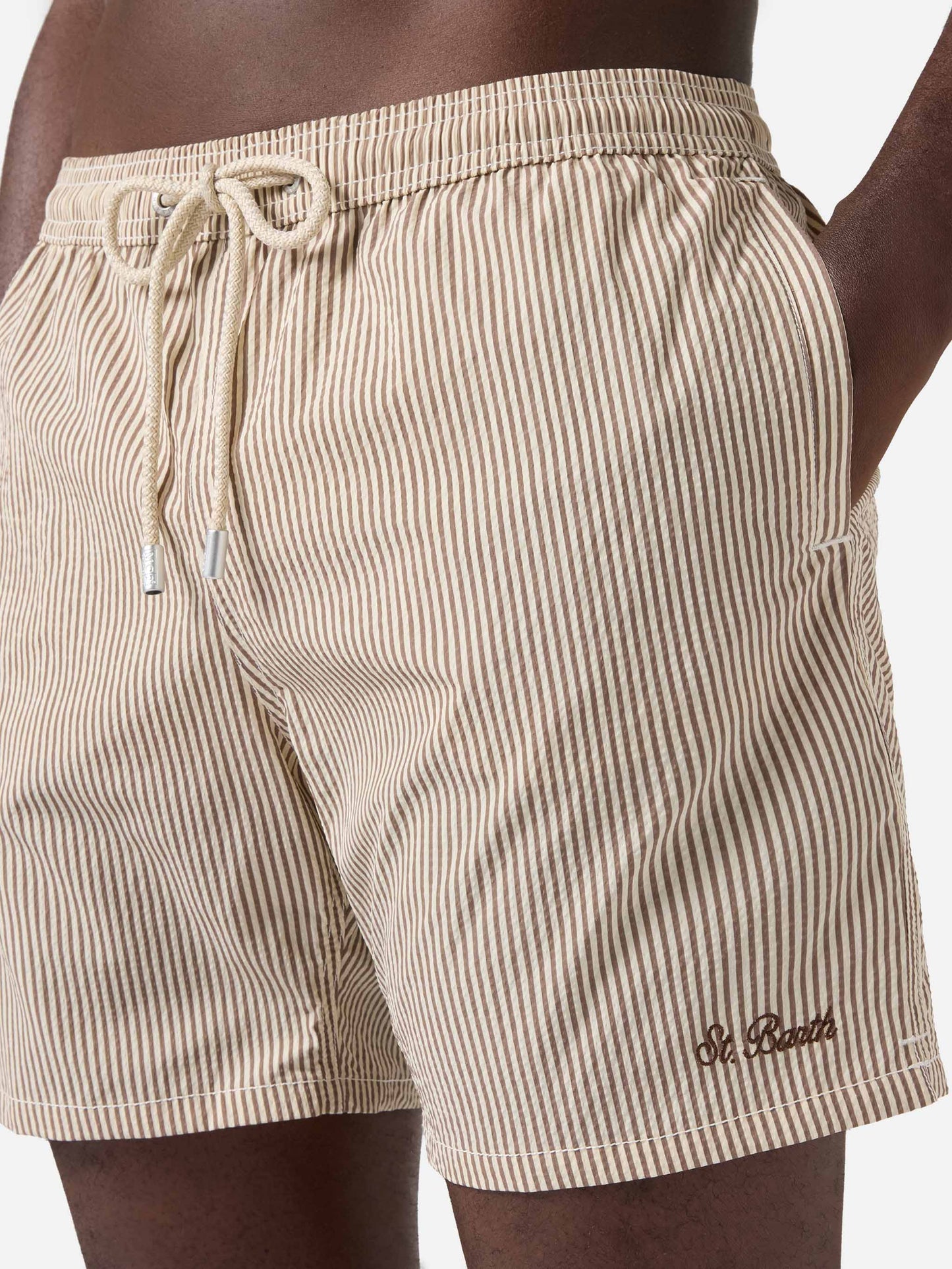 Patmos seersucker striped swim shorts in brown and white