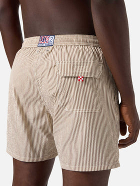 Patmos seersucker striped swim shorts in brown and white