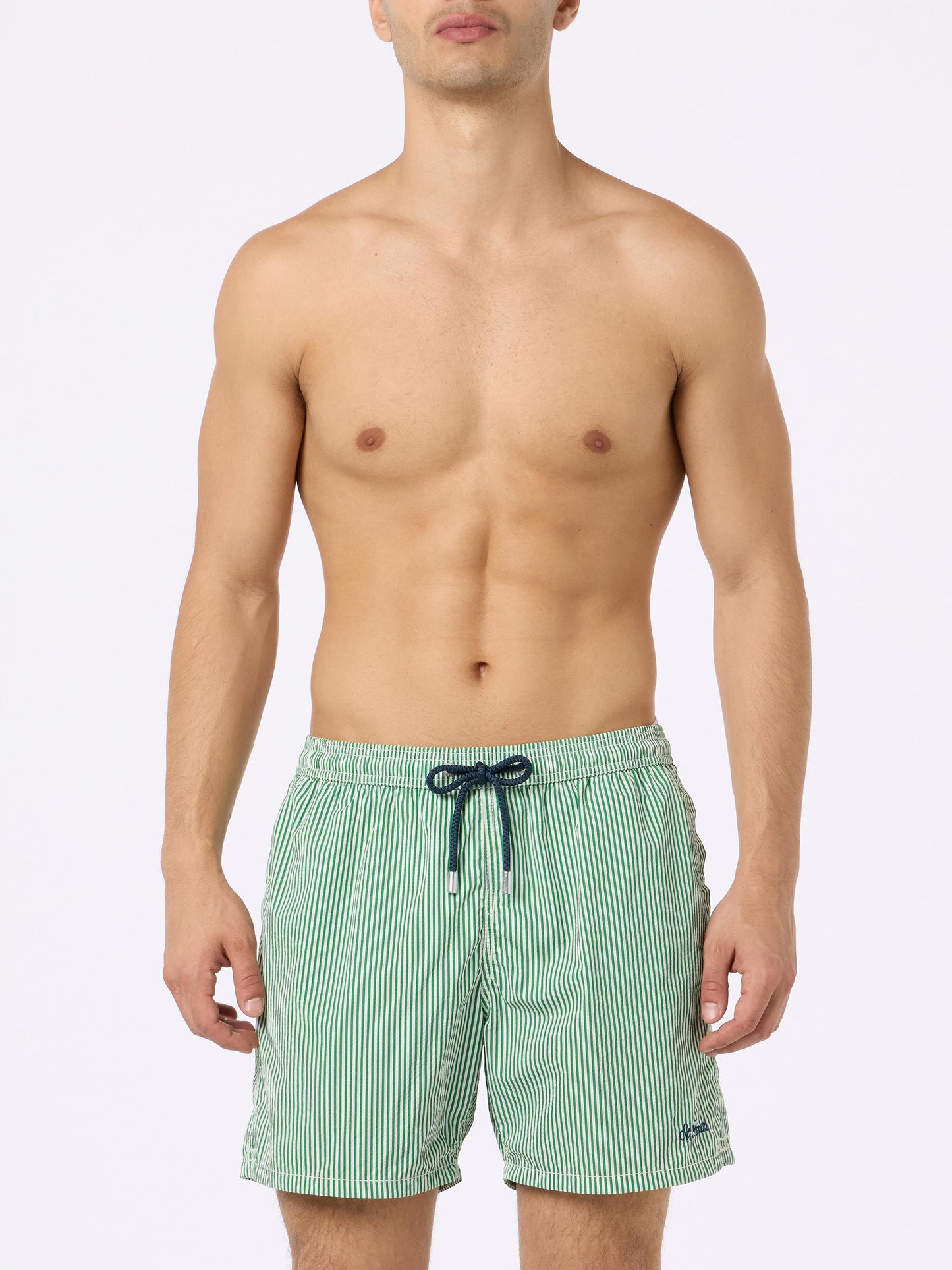 Grün gestreifte Seersucker-Badeshorts Patmos