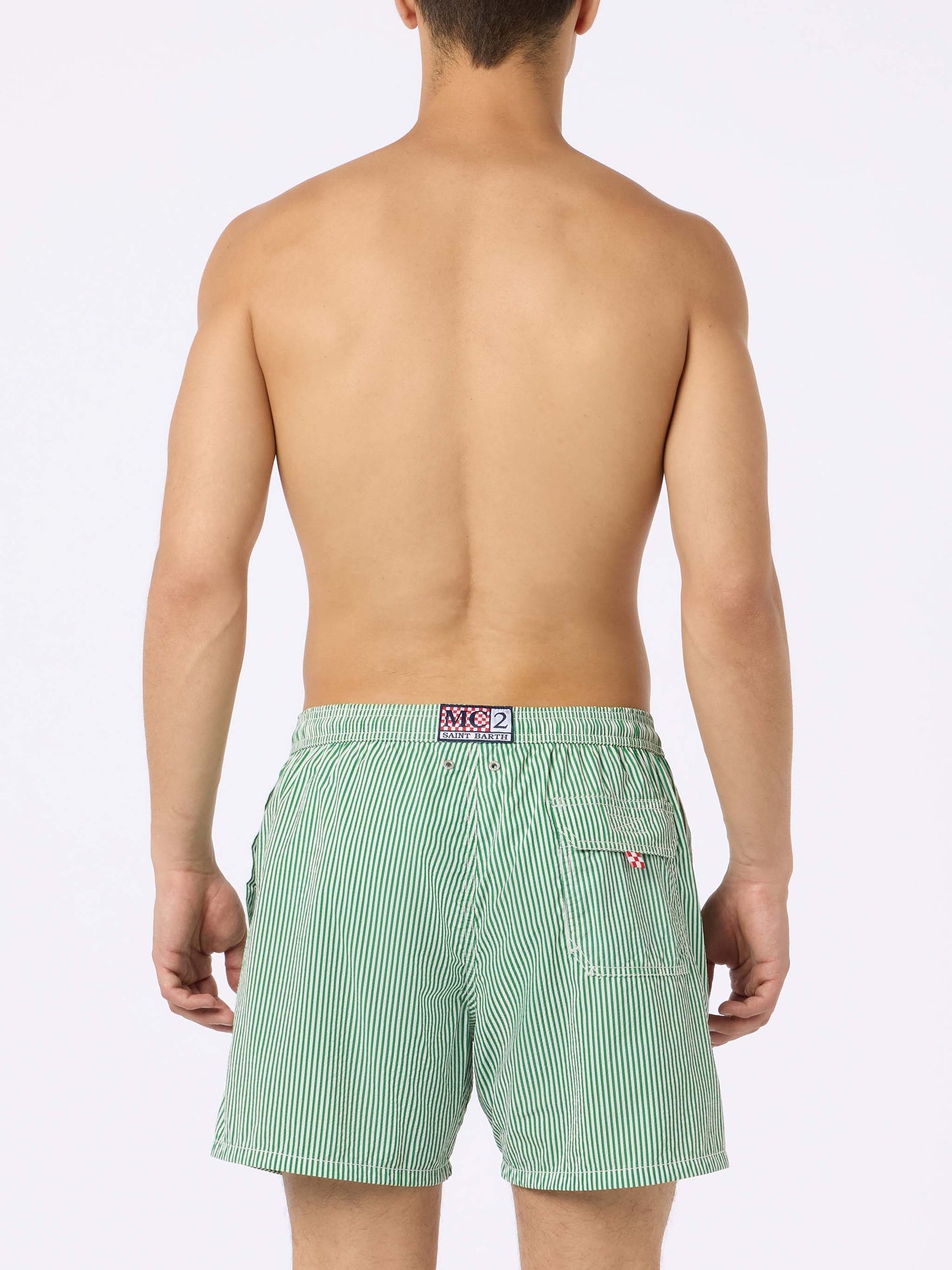 Grün gestreifte Seersucker-Badeshorts Patmos