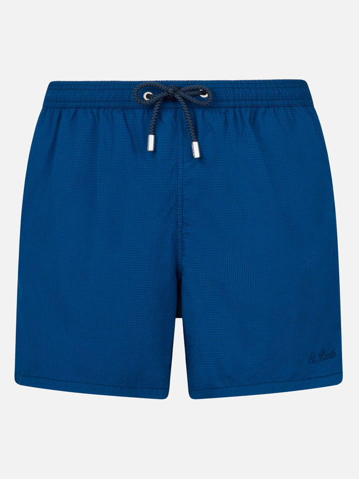 Patmos marineblaue Seersucker-Badeshorts