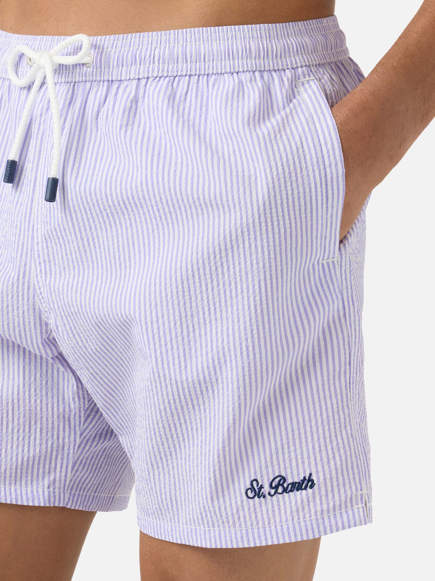 Patmos seersucker striped swim shorts in lilac and white