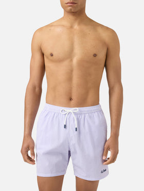 Patmos seersucker striped swim shorts in lilac and white