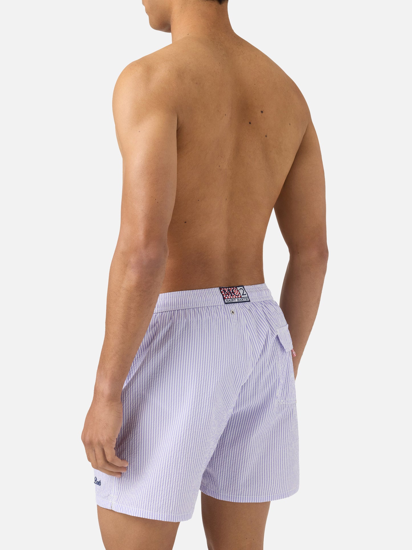 Patmos seersucker striped swim shorts in lilac and white
