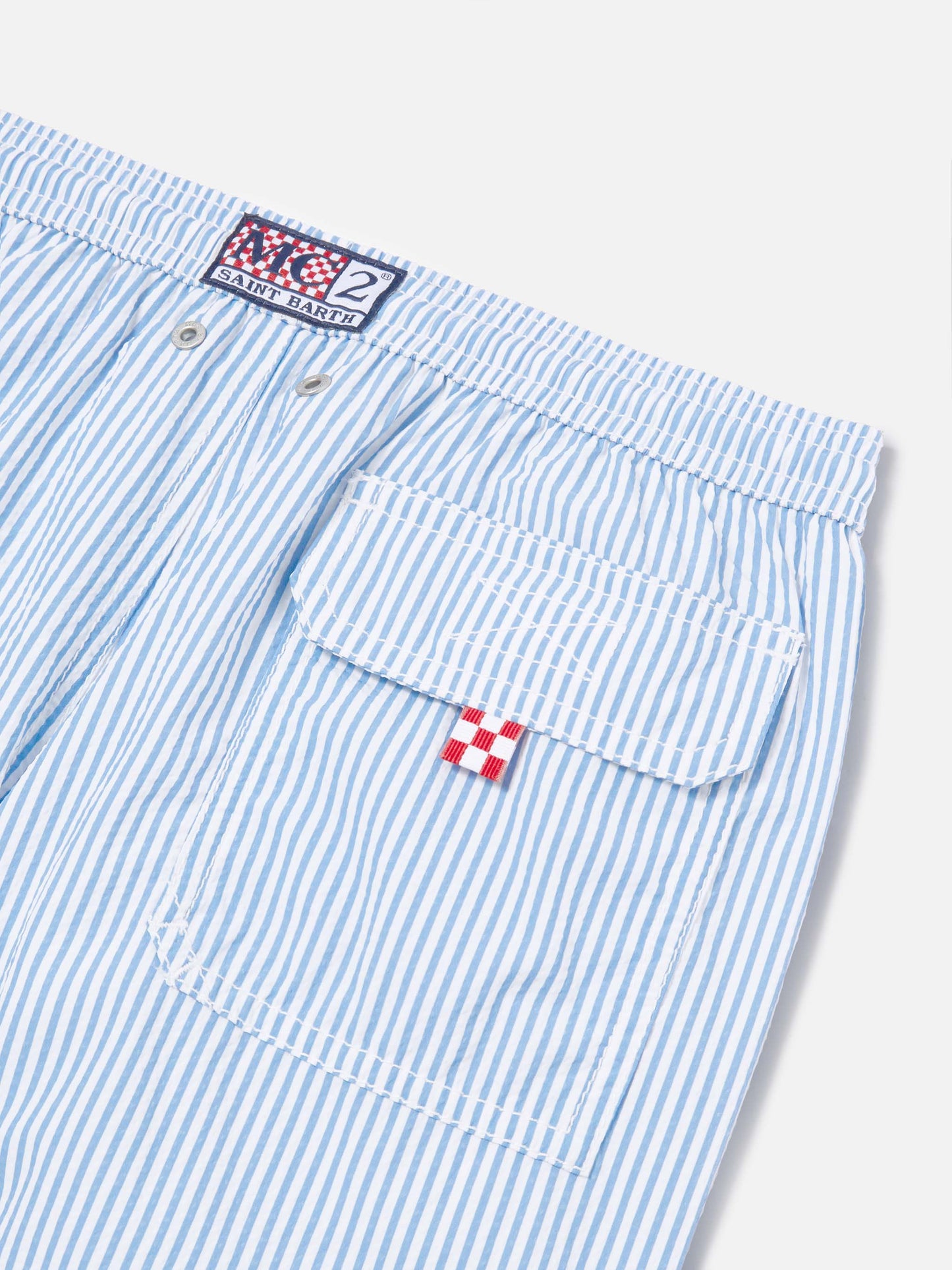 Patmos Jr seersucker swim shorts striped with St. Barth embroidery