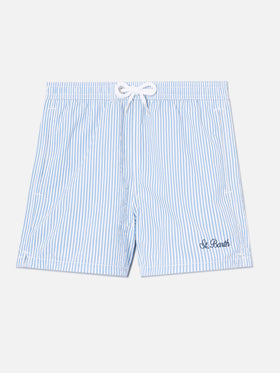 Patmos Jr seersucker swim shorts striped with St. Barth embroidery