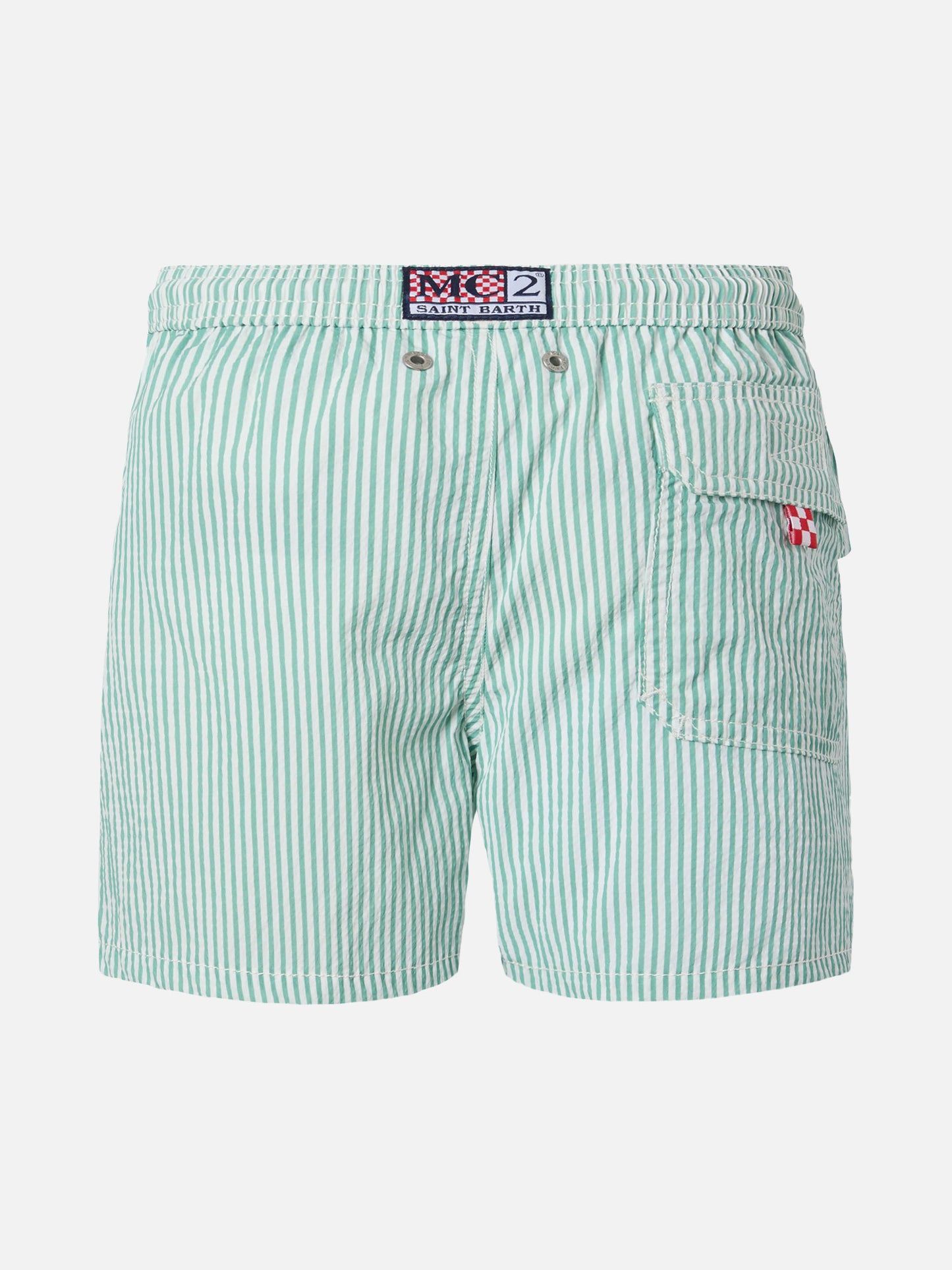 Patmos Jr sage green seersucker striped mid-length swim shorts